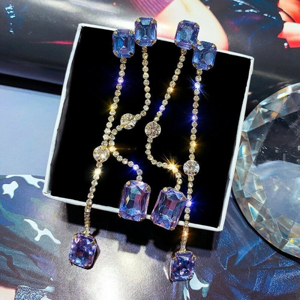 Crystal Dangle Long Tassel Double Gem Earrings NWT